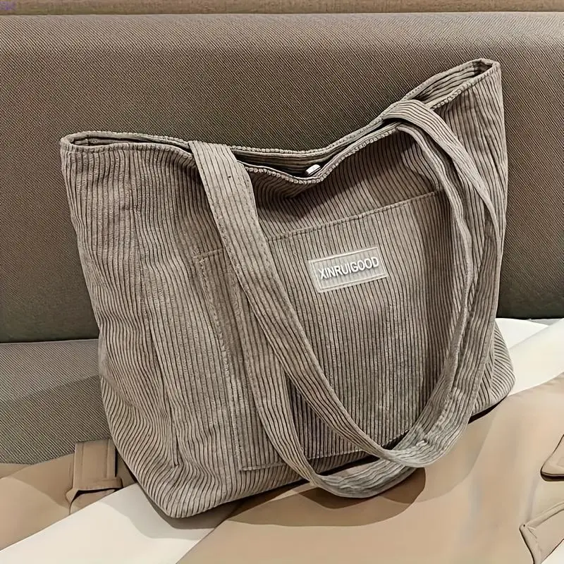 Streamlined Charms 1pc Women's Corduroy Shoulder Tote Bag - Solid Color, Spacious & Artsy Casual Design. Buckle Closure, Polyester Lined, Perfect For Travel & A Thoughtful Gift