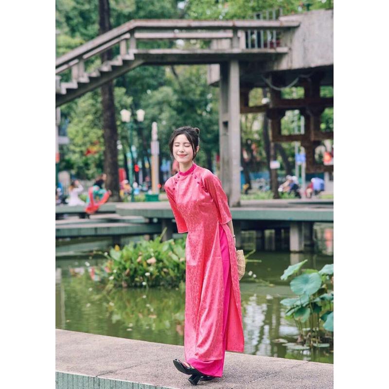 Áo dài cách tân  phối cổ tay lỡ như hình, sang trọng  dành cho nữ - Women Kem Sen Dress 5