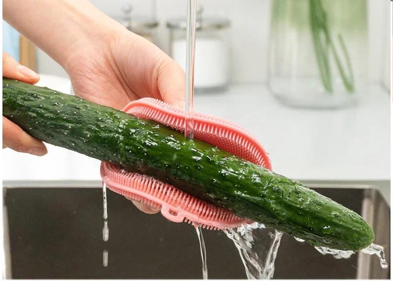 Product Introduction of 3Pcs Kitchen Cleaning Brush Silicone Dishwashing Brush Fruit Vegetable Cleaning Brushes Pot Pan Sponge Scouring Pads Table Mat 10