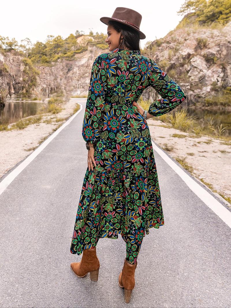 Product Introduction of Women's Floral Print Embroidered Trim Bishop Sleeve Notch Neck A-line Long Dress, Dresses for Women, Boho Spring & Fall Summer, Maxi Dresses for Vacation, Holiday Dresses, Belleza Fits, Womenswear 18