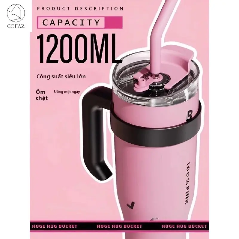 Cốc ly giữ nhiệt inox BNT Official BLACKPINK màu hồng và đen 1200ml kèm ống hút 1