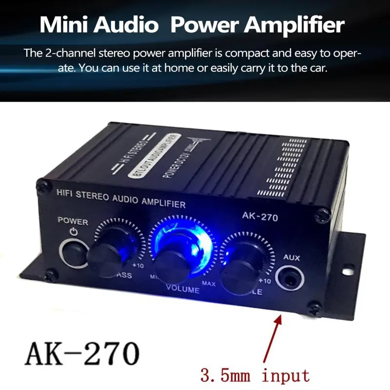 Bộ khuếch đại âm thanh nổi mini, AMP, 12V 2A, Âm thanh 2 kênh, Đầu vào âm trầm và âm bổng, 3,5 mm AUX, Thích hợp cho loa nguồn 5