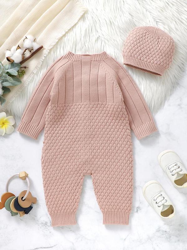 Baby's Solid Long Sleeve Button Front Sweater Onesie & Beanie Hat, Cute Raglan Sleeve Round Neck One-piece Knitwear Set, Newborn Infant Kid's Fall & Winter Clothes, Two Piece Set Winter Co Ord Sets, Baby Clothes, Baby Clothing Winter 4