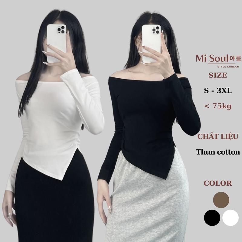 Áo Thun Dài Tay Cổ Thuyền Vạt Nhọn Nhún Eo BigSize MiSoul, Áo Trễ Vai Dài Tay Thun Tăm 331 Nữ Cotton Top Women