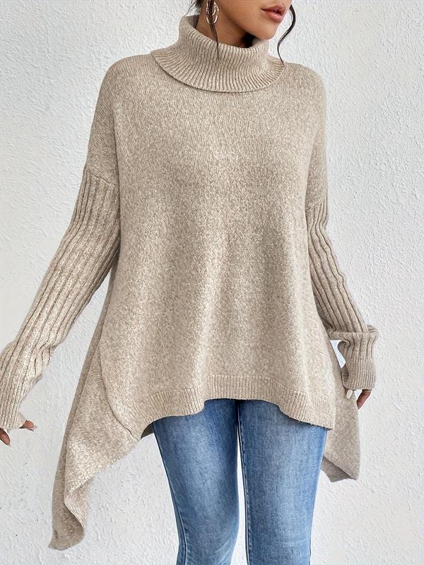 Women's Plain Asymmetrical Hem Turtleneck Sweater, Casual Long Sleeve Drop Shoulder Jumper for Fall & Winter, Women's Knitwear for Daily Wear 3