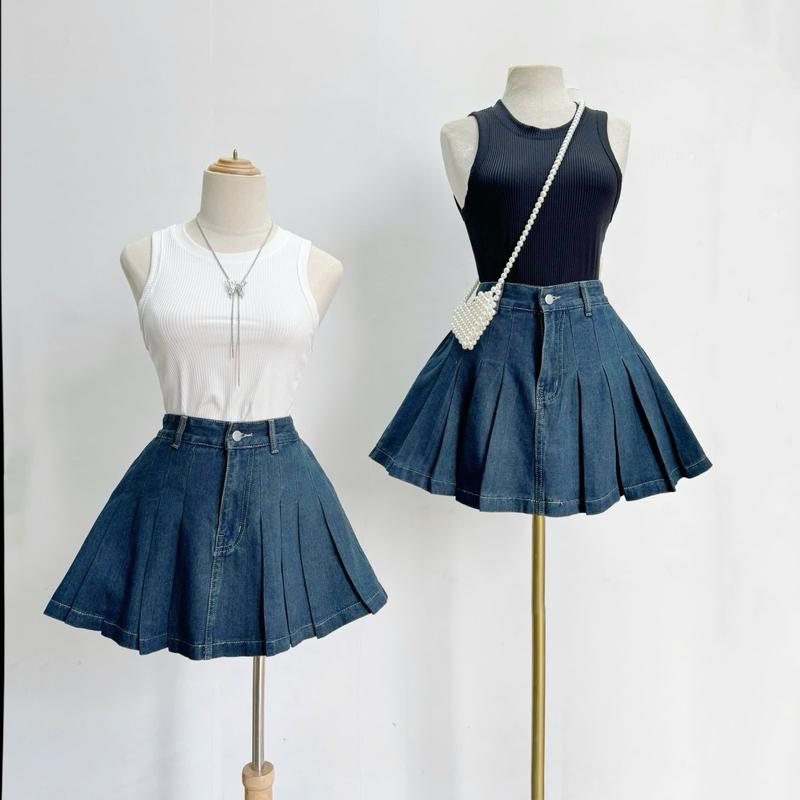 Váy bigsize jean tenis xoè có quần bảo hộ bên trong vải jean không giãn dành cho nữ chubby 50-92kg Cv417