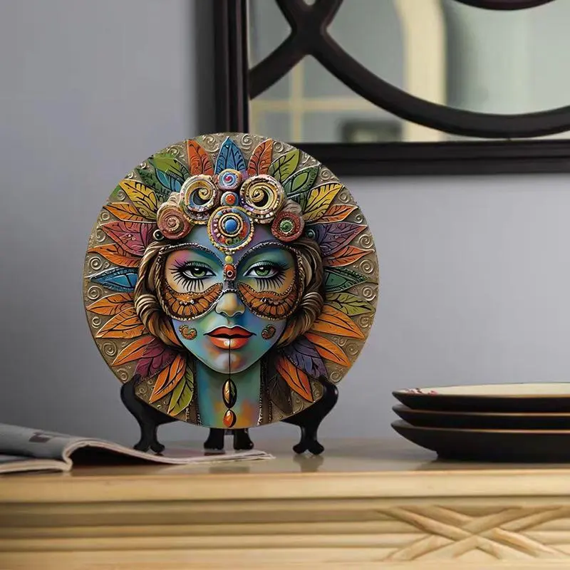 Round Art Decoration,Colorful Flower Pattern Decorative Plaque, Creative Desktop Ornament for Home Living Room Bedroom