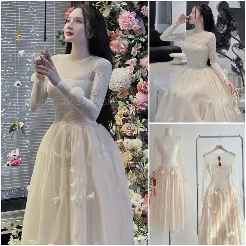 Váy nữ sang chảnh váy tiểu thư ren hoa A54 chân váy tơ xòe bồng đính hoa siêu xinh - Akara Closet Dress Women Hoa Nhí Kem
