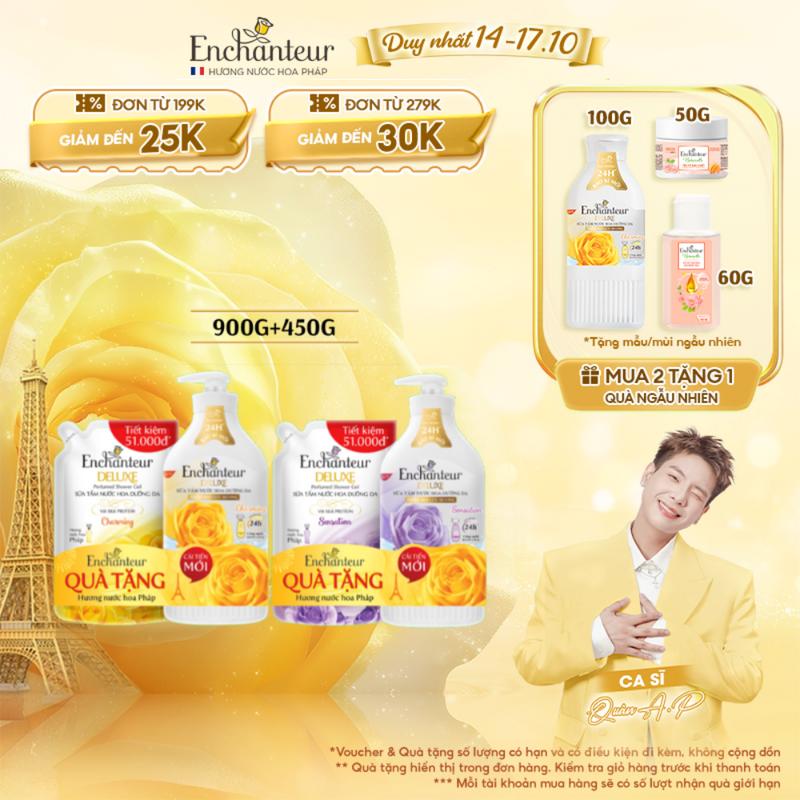[TẶNG TÚI 450G] Sữa Tắm Hương Nước Hoa Dưỡng Body Trắng Da Enchanteur Charming/ Sensation 900g + Tặng kèm Túi sữa tắm 450g