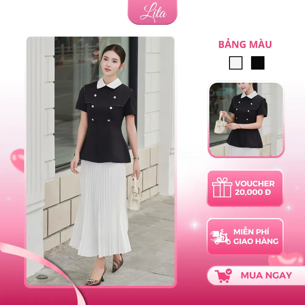 SET Váy công sở LITA Áo Peplum tay phồng kết hợp Chân váy xếp ly SV01