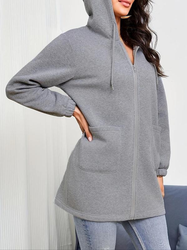 Women's Plain Drawstring Pocket Zip Up Thermal Lined Hoodie, Casual Drop Shoulder Long Sleeve Hooded Sweatshirt for Daily Wear, Ladies Clothes for All Seasons 3