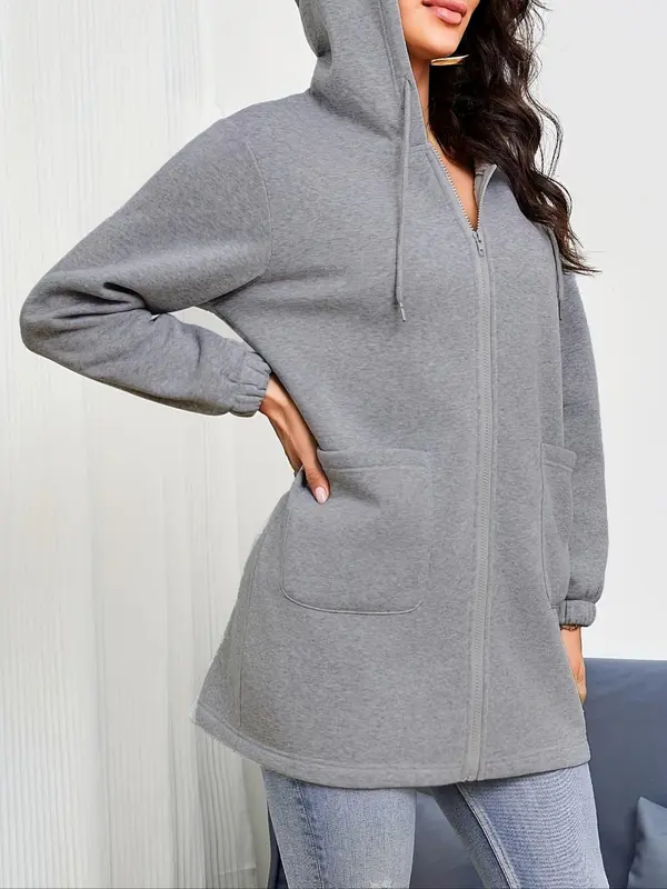 Women's Plain Drawstring Pocket Zip Up Thermal Lined Hoodie, Casual Drop Shoulder Long Sleeve Hooded Sweatshirt for Daily Wear, Ladies Clothes for All Seasons 3