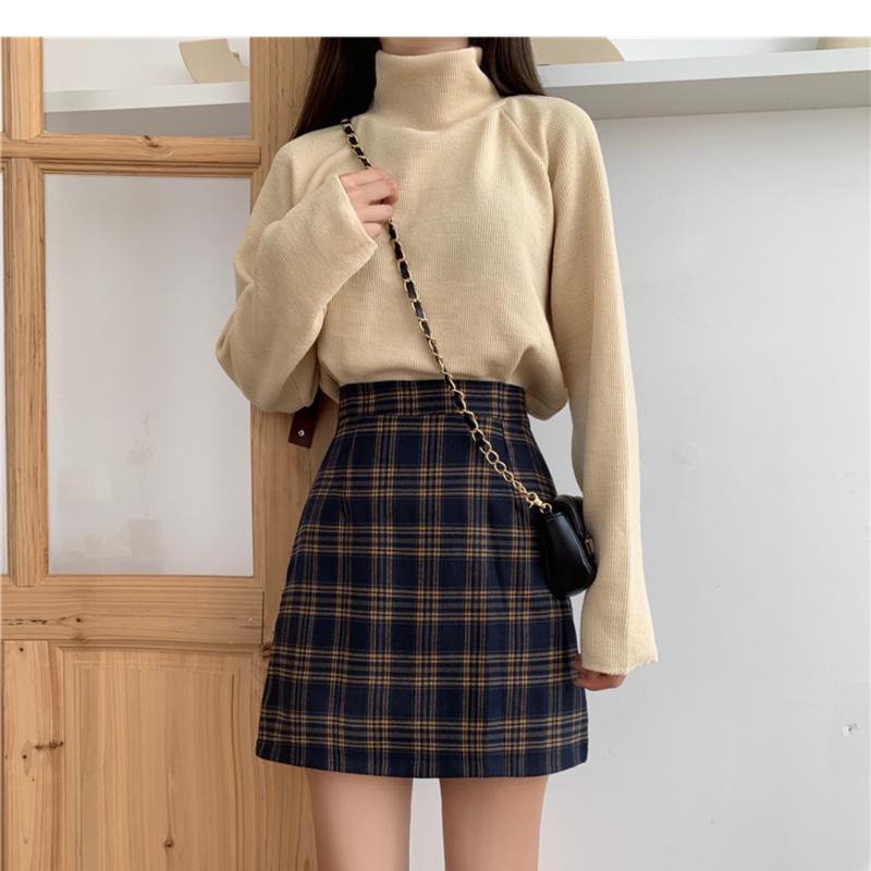 Product Introduction of Half length skirt, women's autumn outfit, new plaid bag buttacks half length skirt, black college style high waist slimming bag buttons A-line short skirt 13