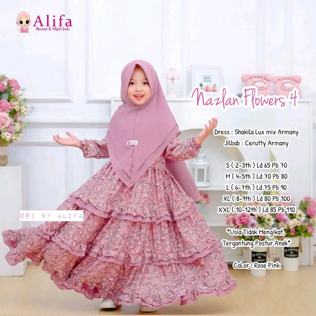 Nazlan Vol 4&7 Gamis Anak perempuan bestseller Bunga Alifa Kids Dress Shakila Rempel Muslim Motif Syari