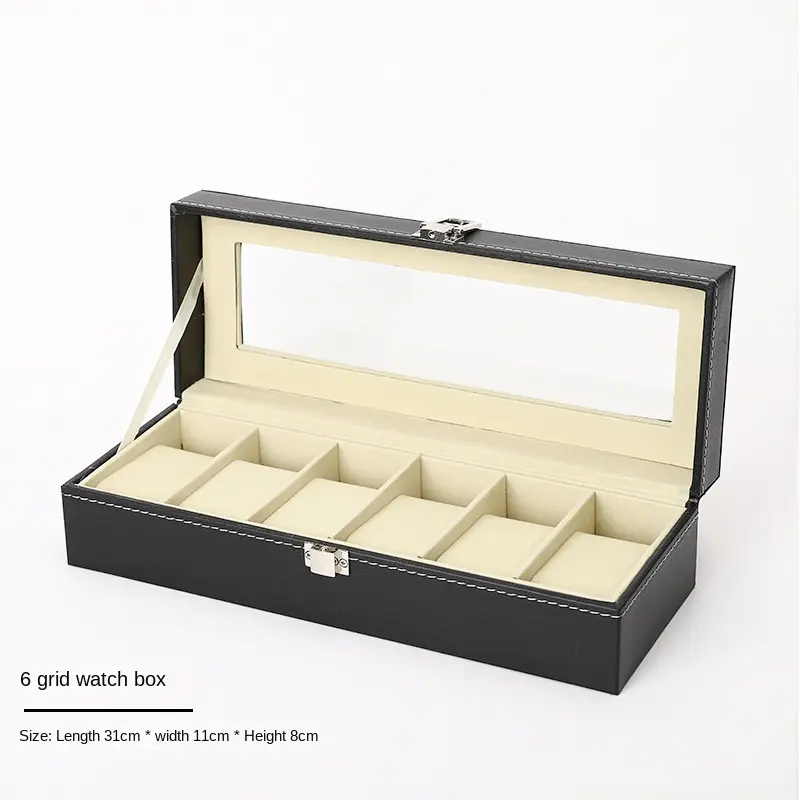 FC Watch Box 6 Grid Leather Display Jewelry Case Organizer Gift Glass Metal