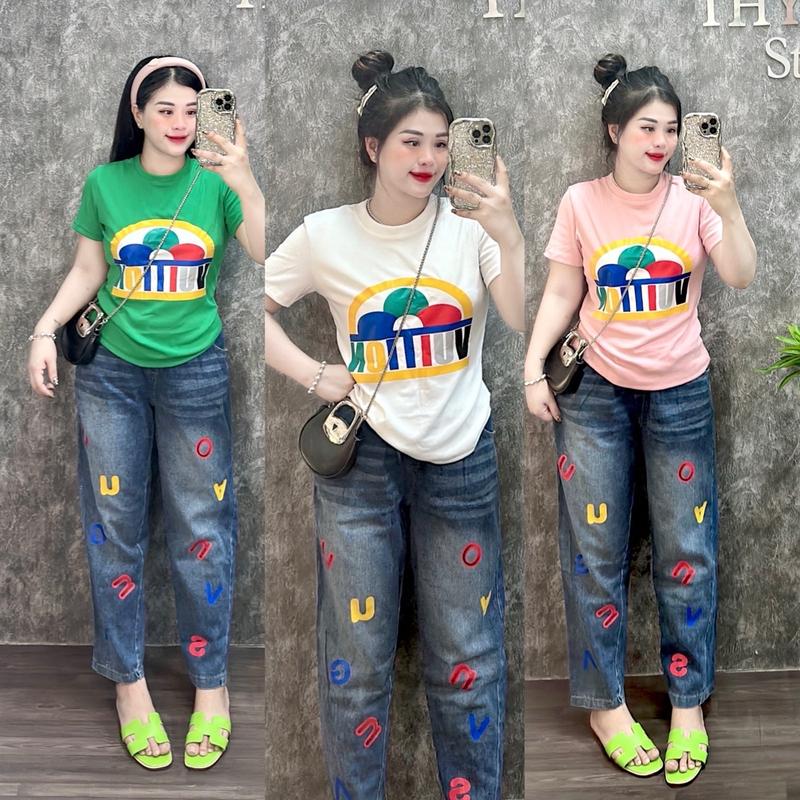 Set áo thun ct in bông hoa form vừa , quần jean baggy in chữ lưng thun ( ko giãn) Women Nữ