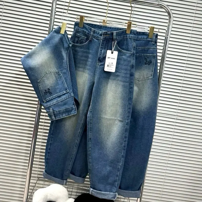 Dài 95cm - Quần Baggy Jean Nữ Thêu Thỏ Nhỏ Xinh Vải Mềm Lưng Cao Tôn Dáng 358 (40-70ky) - nữ  Pants Có Túi quần bò quạ ne Women 4