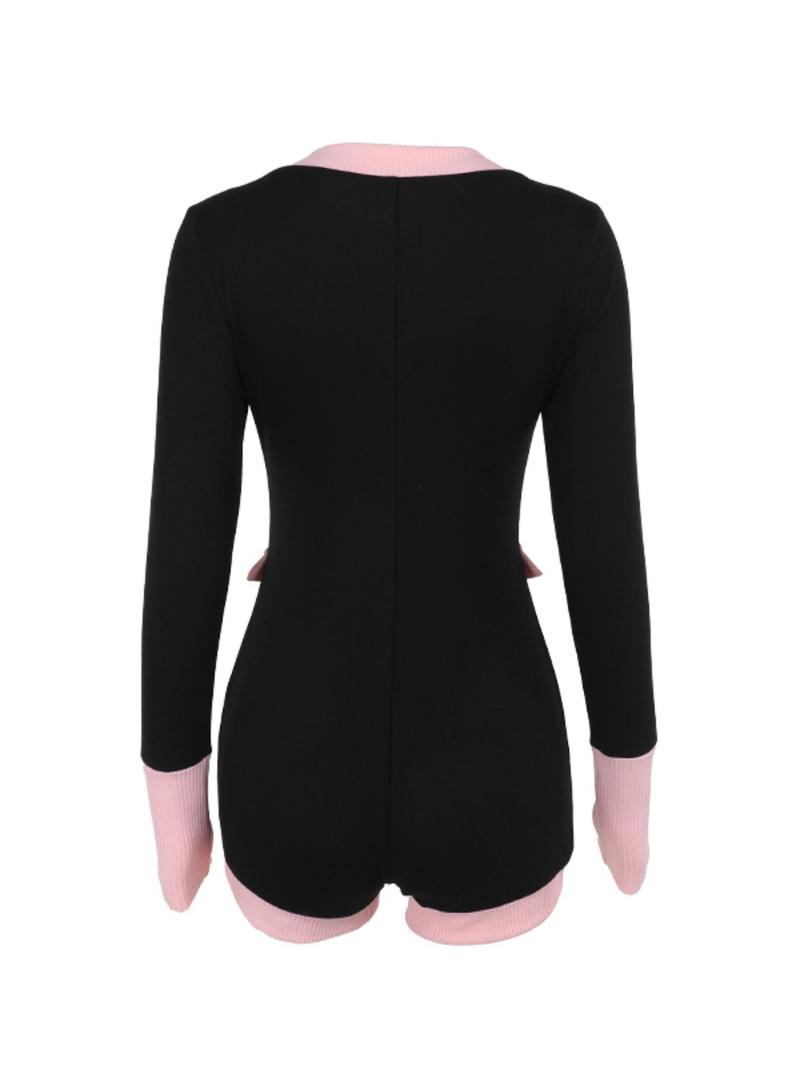 Product Introduction of Women's Colorblock Contrast Binding Button Front Romper, Casual Long Sleeve Round Neck Romper for Spring & Fall, Ladies Clothes for Daily Wear 6