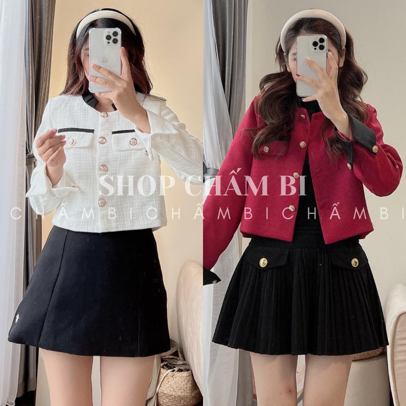 Áo dạ tweed nữ AP.366 Áo khoác dạ trắng cổ viền đen dài tay dáng ngắn phong cách Hàn Quốc - Thời trang nữ Chấm Bi