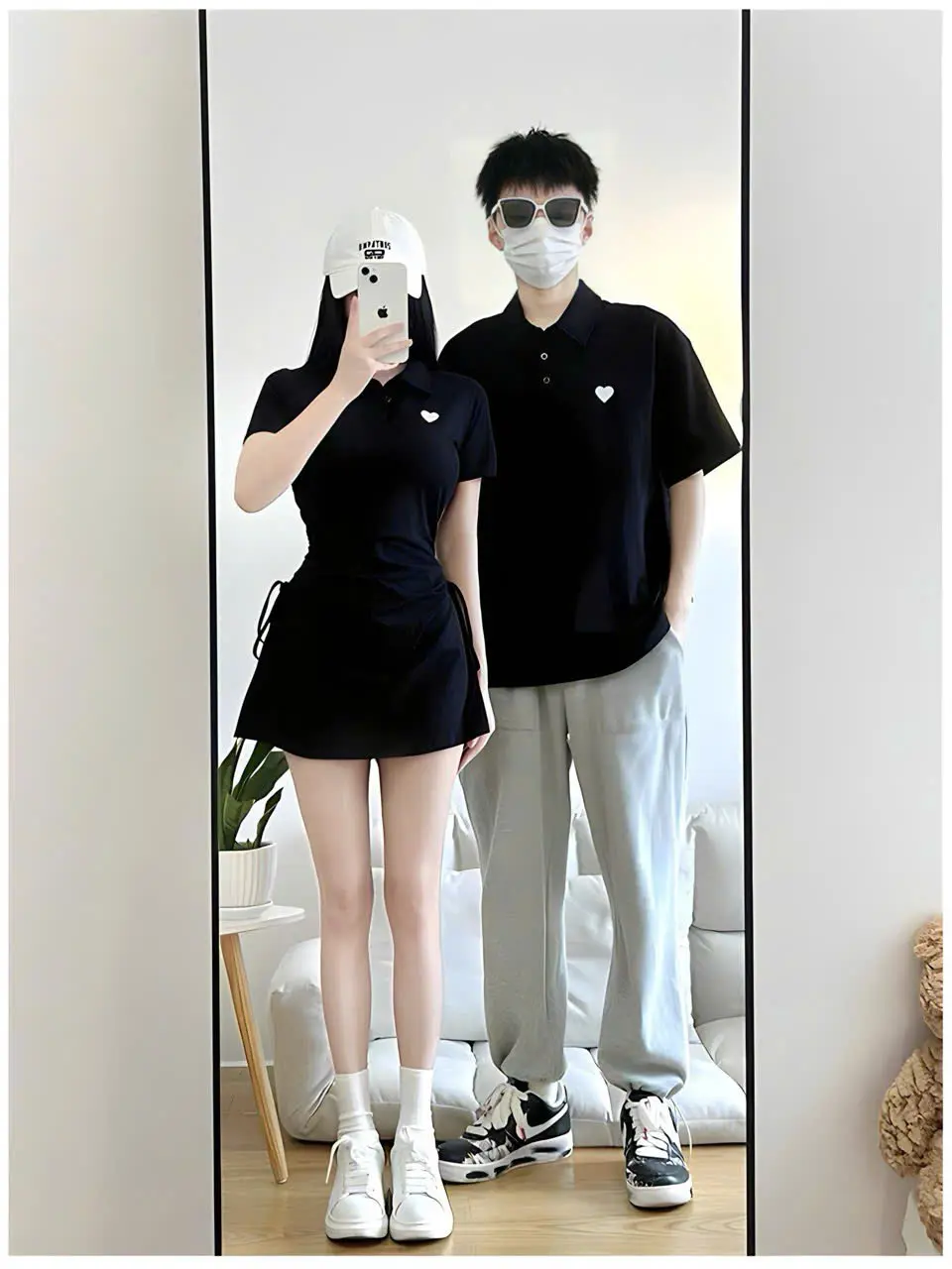 (Bigsize nữ max 73kg nam max 100kg) - Đồ thun cotton trơn Đen và cổ polo rút hông kèm tim xinh xắn DESTINY COUPLE