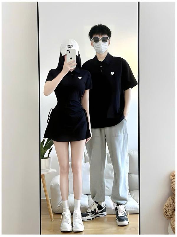 Bigsize nữ max 73kg nam max 100kg - Đồ thun cotton trơn Đen và cổ polo rút hông kèm tim xinh xắn DESTINY COUPLE