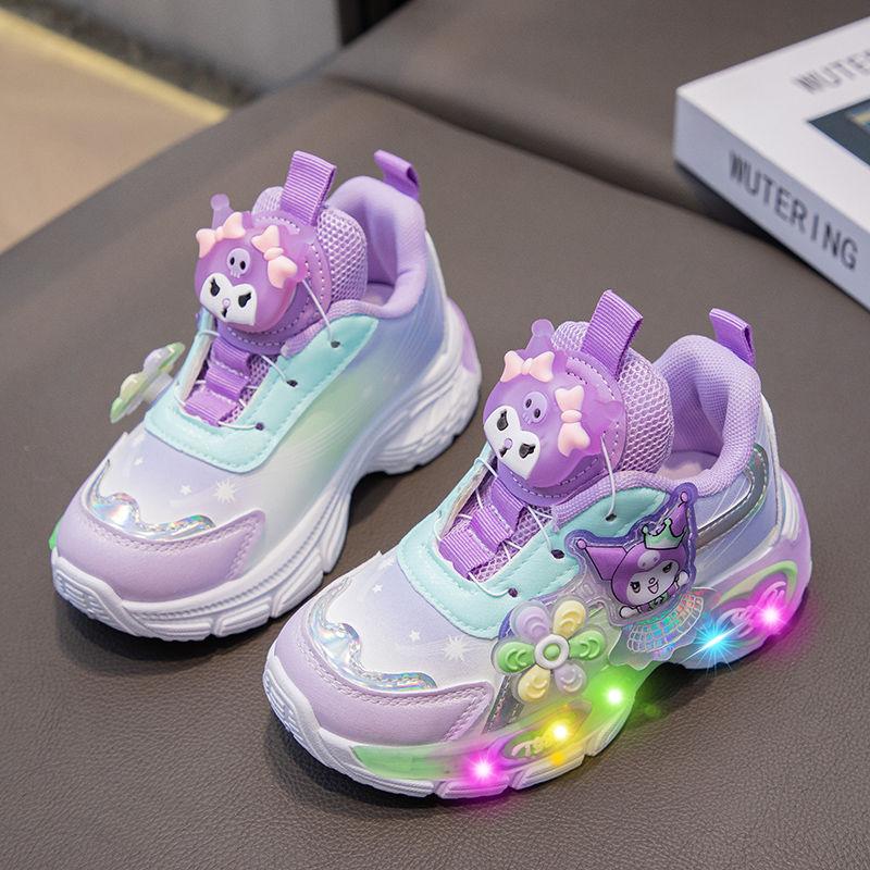 Giày Thể Thao Kuromi, Cho Bé Gái, Mùa Thu, Công Chúa Phát Sáng, Da Chống Thấm Nước, Có Nút Xoay, Hợp Xu hướng, Hàng Mới Về