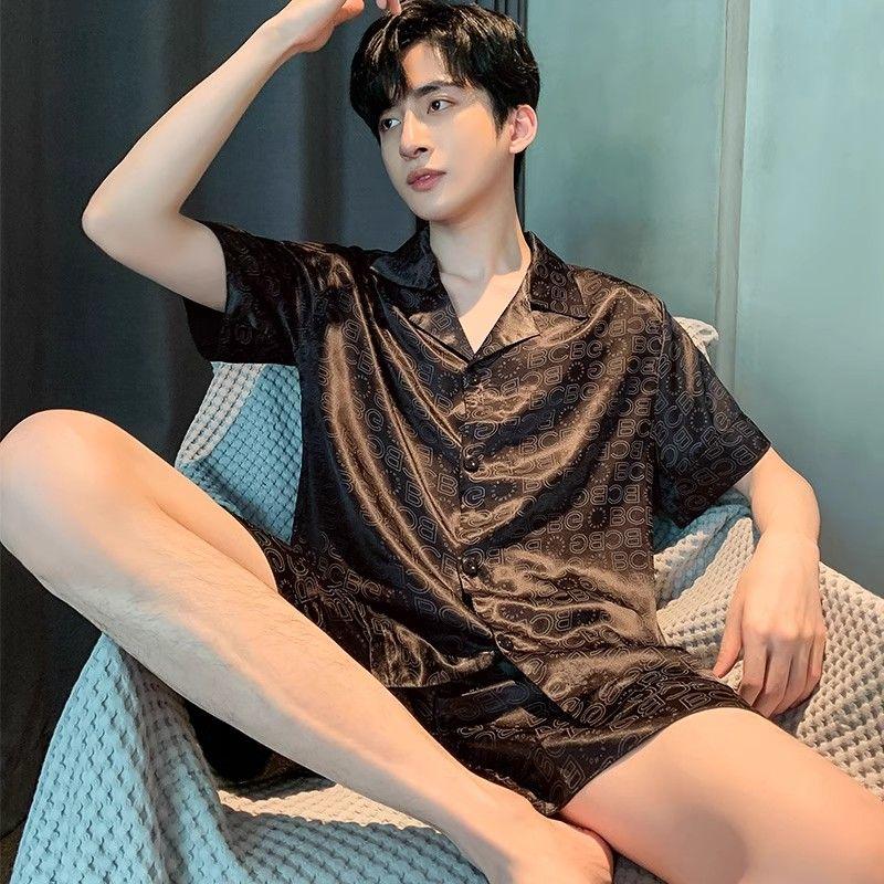 Bộ Đồ Ngủ Lụa Lạnh Dành Cho Nam Giới, Mỏng Mùa Hè, Quần Đùi Ngắn Tay, Lụa Nhân Tạo Cao Cấp, Ngoại Cỡ, Thích Hợp Mặc Nhà Mùa Hè, Bộ Đồ Áo Menswear Nhung 0