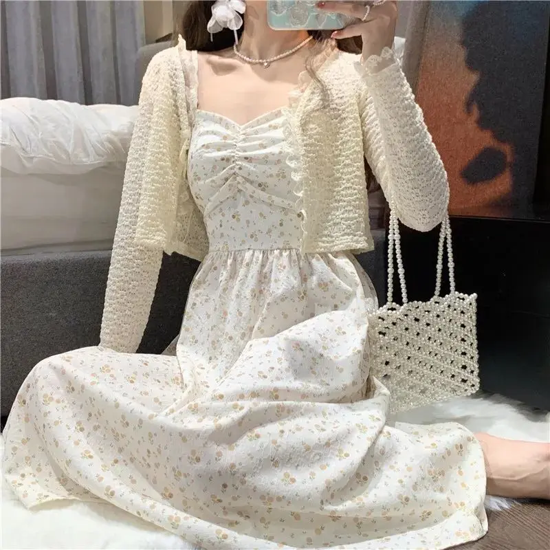 Đầm Hoa Thanh Lịch, Tình Yêu Đầu Tiên Kiểu Pháp, Dây Đeo Eo, Áo Cardigan Ngọt Ngào Mới 2024 Mùa Hè Cho Nữ, Áo Chống Nắng Women Dress 2