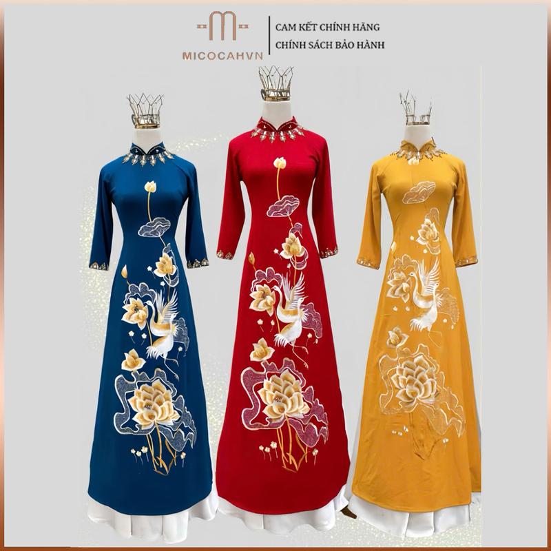 Áo dài mẹ sui, áo dài thêu hoa sen cổ thuyền vải lụa mango đính kết sang trọng MC06