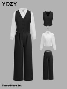 YOZY Women's Button Front Vest Blazer & Shirt & Straight Leg Pants Three-Piece Set, Ladies Clothes for All Seasons
