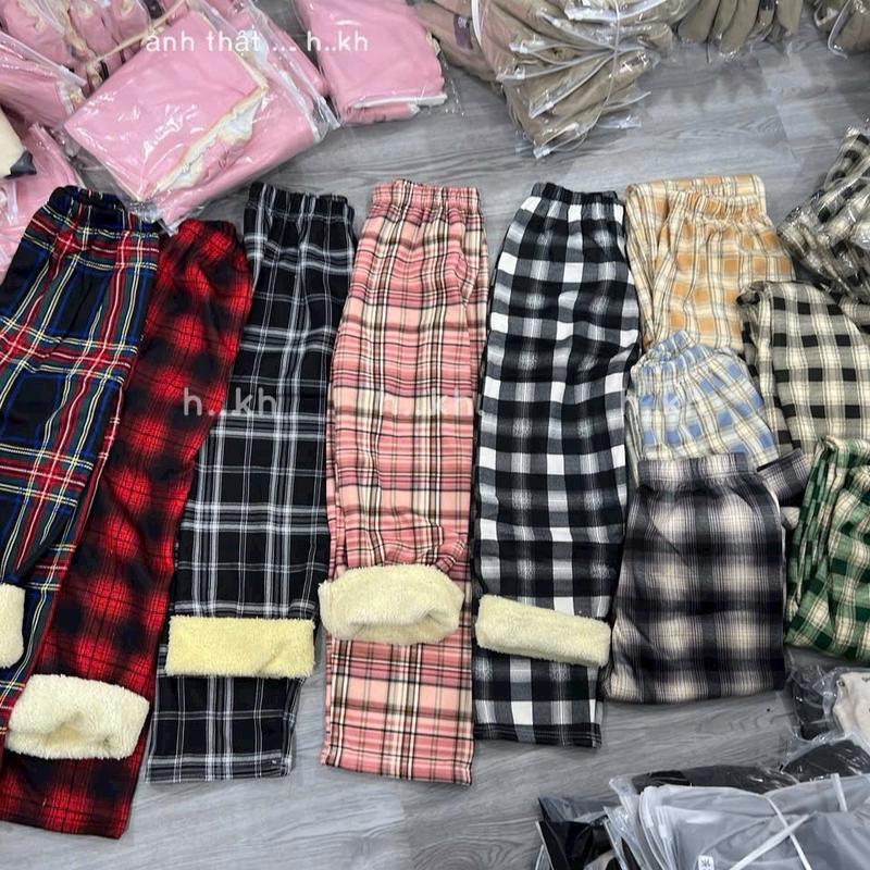 Quần Dài nữ Kẻ Caro Lót Lông Dáng Suông Chất Thô, Quần Ống Rộng Cạp Chun Mùa Thu Đông Siêu ấm (42-65kg)