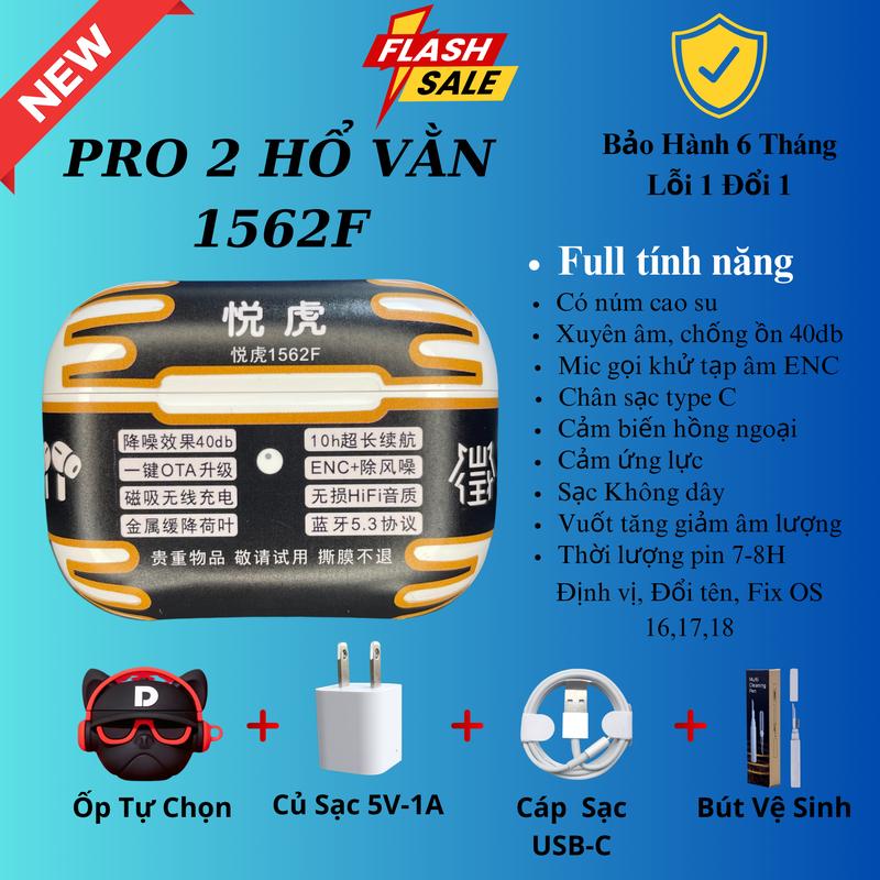 Tai Nghe Bluetooth Pro2 Hổ Vằn 1562F Bass Căng, chống Ồn 40db, Cảm Biến Hồng Ngoại, Micro Khử Ồn ENC, Cảm Ứng Lực, Tặng Ốp 4D Tự Chọn + Bút Vệ Sinh + Củ và Cáp Sạc 5V-1A | Bảo Hành 6 Tháng 1 Đổi 1, nghe nhạc, nhét tai