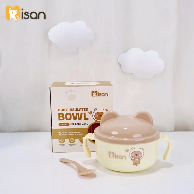 (Kèm Thìa) Bát Ăn Inox Cách Nhiệt Có Tay Cầm Kèm Muỗng Và Nắp Cho Bé ăn dặm Kem 1