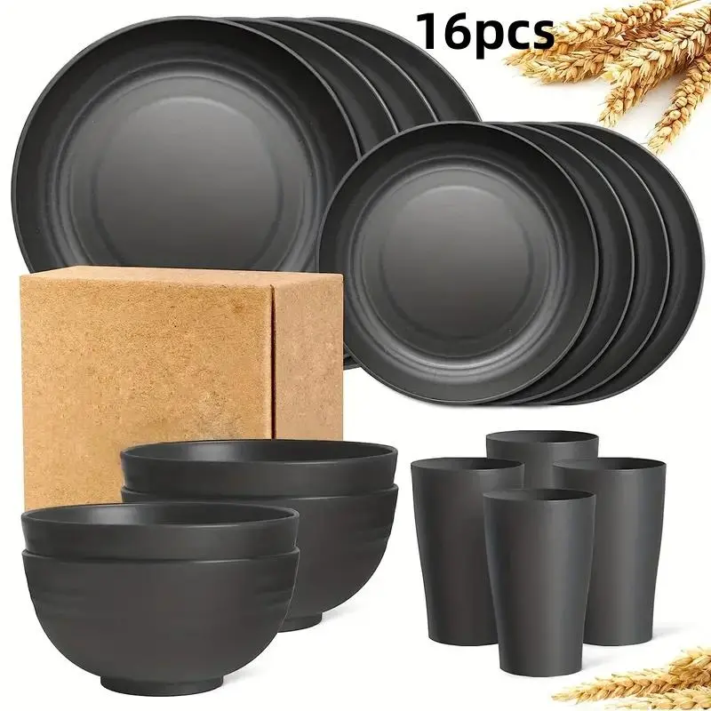 Unbreakable Dinner Plate Set, 16pcs/set Including 8 Counts Plate, 4 Counts Bowl & 4 Counts Cup, Reusable Dinnerware Set for Home Kitchen