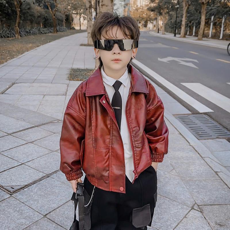 Áo Khoác Da Màu Đỏ Rượu Vang Lót Lông Cừu (Ko Kèm Áo Sơ Mi và Cà Vạt) 12-40kg(2 đến 11 tuổi) Cho Bé Trai