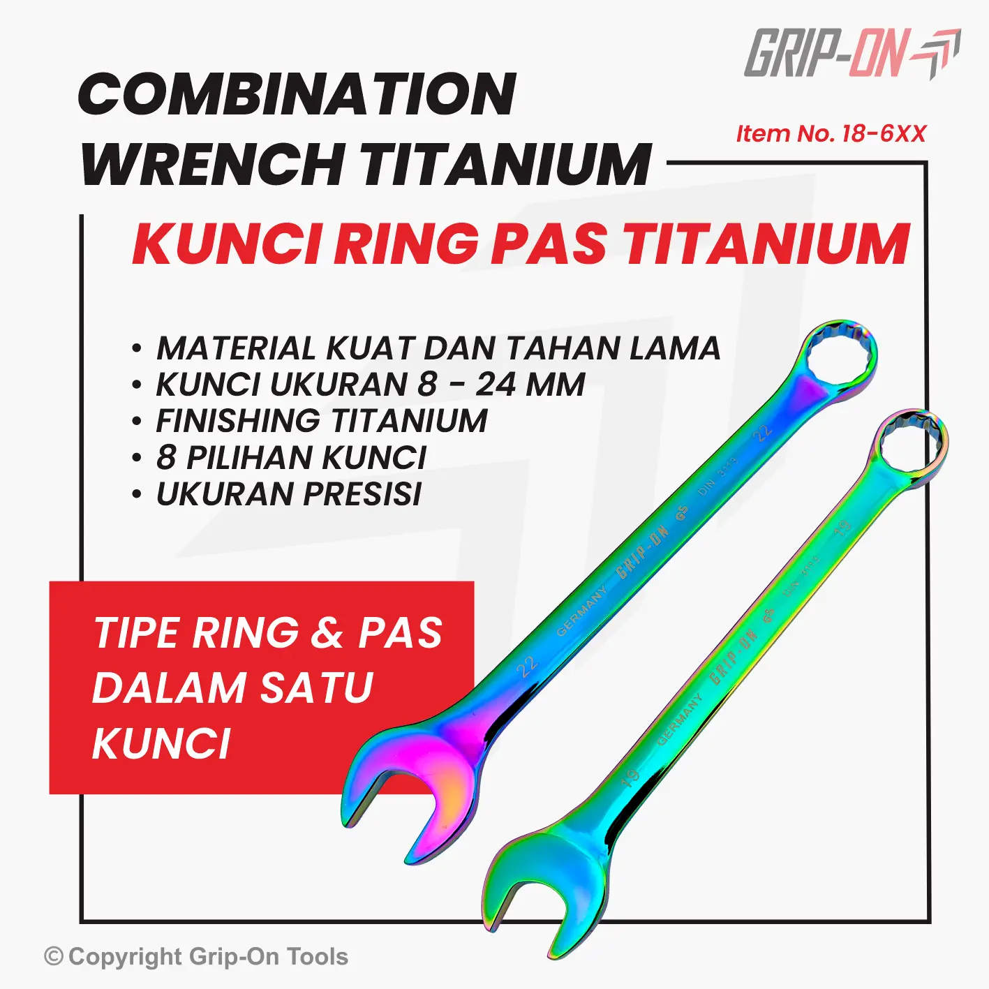Grip-On Combination Wrench Titanium Kunci Ring Pas 2 IN 1 Multifungsi
