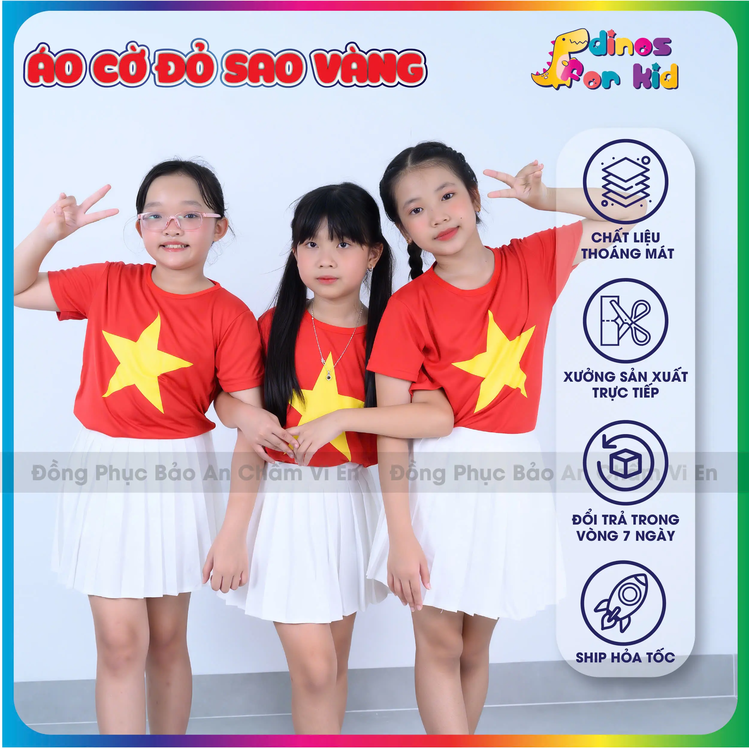 Áo Thun Cờ Đỏ Sao Vàng Trẻ Em - Áo Cờ Đỏ Sao Vàng Chân Váy Trắng Cho Bé Múa Diễn Văn Nghệ