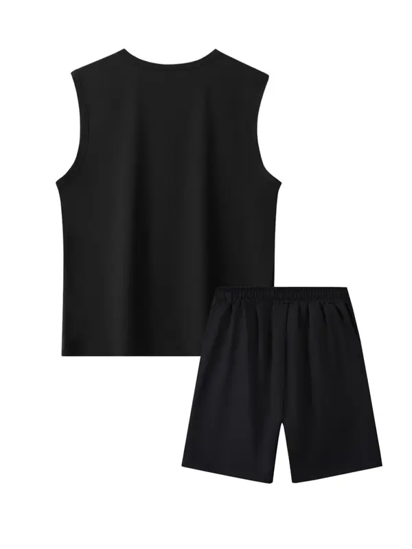 Two-Piece Set Men's Solid Tank Top & Drawstring Waist Shorts Set, Regular Fit Sleeveless Top & Shorts, Casual Summer Clothes Set for Men 1