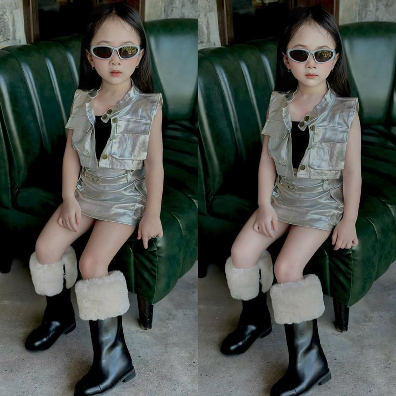 FORM NGẮN - BÉ CAO TĂNG SIZE Set gile da bạc kèm áo 2 dây phối chân váy bạc túi hộp siêu cá tính cho bé set đồ bé gái