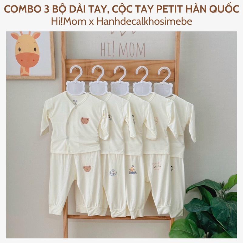 Combo 3 Bộ Dài Tay, Cộc Tay Hi!Mom Nền Trắng Kem Vải Petit Thun Lạnh Mềm Mát, Phong Cách Hàn Quốc Cho Bé Từ 3-9kg