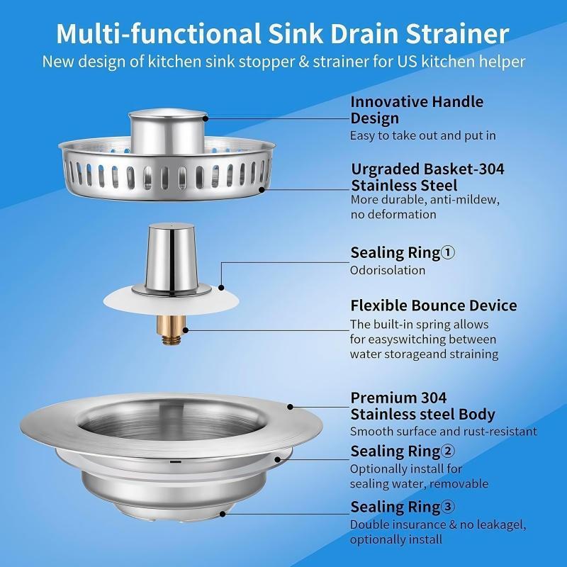 3 in 1 Kitchen Sink Drain Strainer, Stainless Steel Sink Stopper, Anti-clogging Sink Food Catcher Basket, Fast Drainage Odor Filter Sink Plug for US Standard 3 1/2 Inch Drain, Drain Cover 6