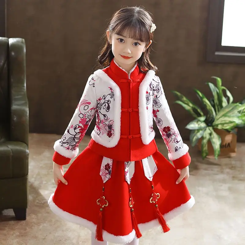 Trang Phục Hán Phục Trung Quốc Cho Bé Gái, Phong Cách Mới Của Trung Quốc, Lót Lông Cừu Mùa Đông, Bộ Đồ Đường Thủy Triều Cổ Trang Cho Trẻ Em, Váy Năm Mới Mùa Đông Cho Bé Gái, Ưu Đãi Đặc Biệt
