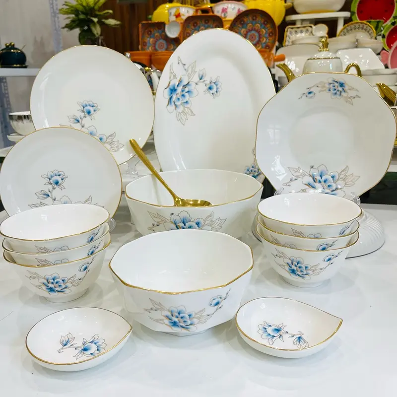 Bộ đồ ăn cao cấp Bát Tràng kẻ vàng kim_ Tặng 1 muôi canh 0