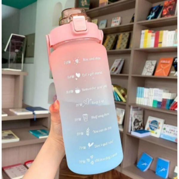 Bình nước 2 lít tặng Sticker dành cho người lười uống nước Fan House bình nước cute 2L có ống hút, vạch chia nhắc giờ 3