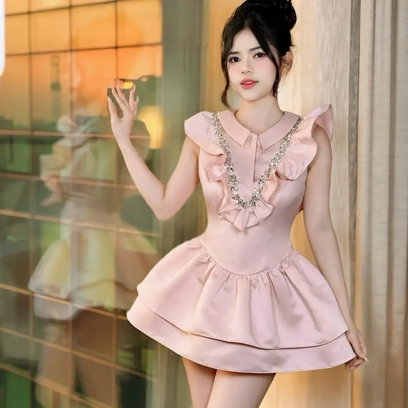 Đầm cườm cổ bèo V tùng 2 tầng Women váy  chỉ giặt tay đính đá nơ tiệc 0