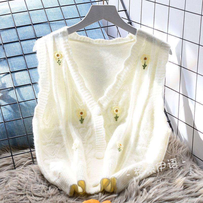 Áo Vest Dệt Kim Thêu, Cổ Chữ V Nhẹ Nhàng, Dáng Rộng Vừa Vặn, Dành Cho Nữ, Hàng Mới Về Mùa Thu, Áo Mặc Bên Ngoài Hàn Quốc, Áo Len Không Tay Áo Cardigan Women Top 1
