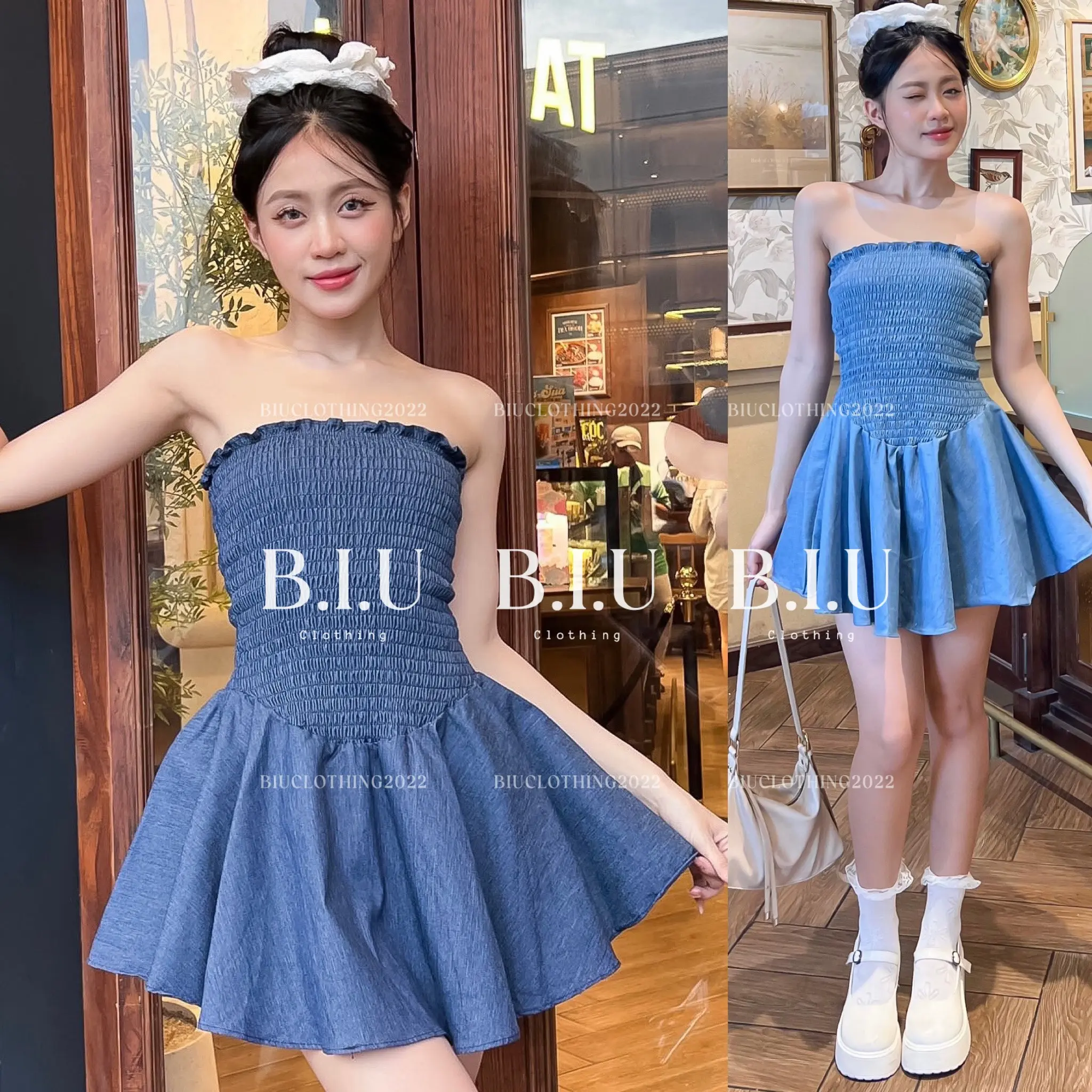 Set đầm jean nhún xòe kèm quần bí dễ thương cá tính Tabi Set Biu Clothing BB0341 Nữ Top Women Xoè