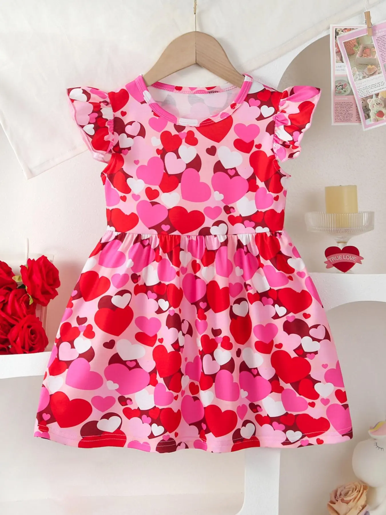 Toddler Girl's Heart Print Ruffle Trim Sweater Dress, Cute Casual Sleeveless Knit Dress for Summer, Kids Clothes for Daily Wear