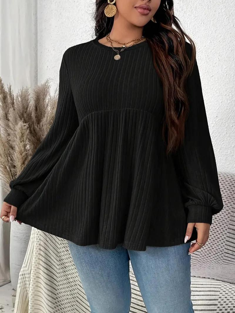 Product Introduction of 【Plus Size】Solid Color Ribbed T-shirts, Casual Long Sleeve Round Neck Top for Daily Wear, Women's Plus Clothing for All Seasons 6