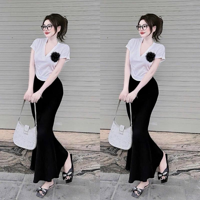   Kem Tag Hoa   Set Áo Cổ Tim Vạt Bầu Kèm Chân Váy Đuôi Cá Dáng Dài Voi Kem Women 